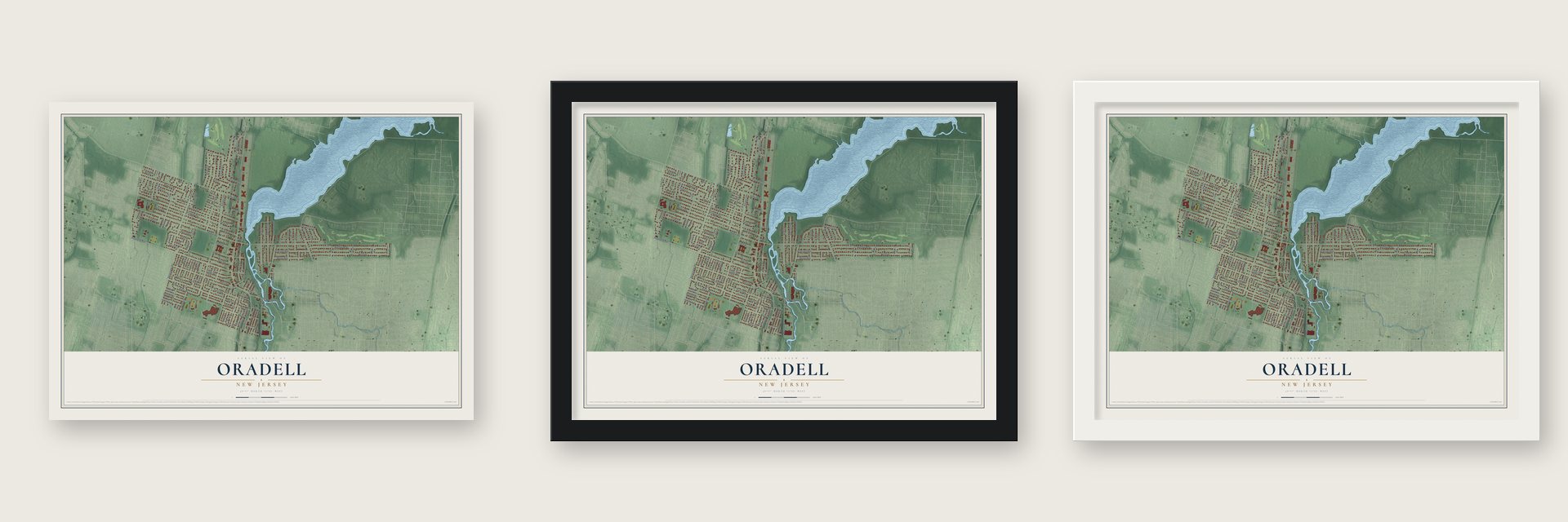 Oradell, New Jersey map unframed, in a black wood frame and in a white wood frame