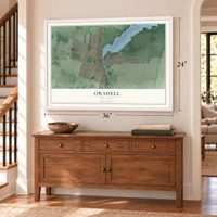 Oradell, New Jersey map, 24 x 36 inch print in a white frame above a dresser by a staircase