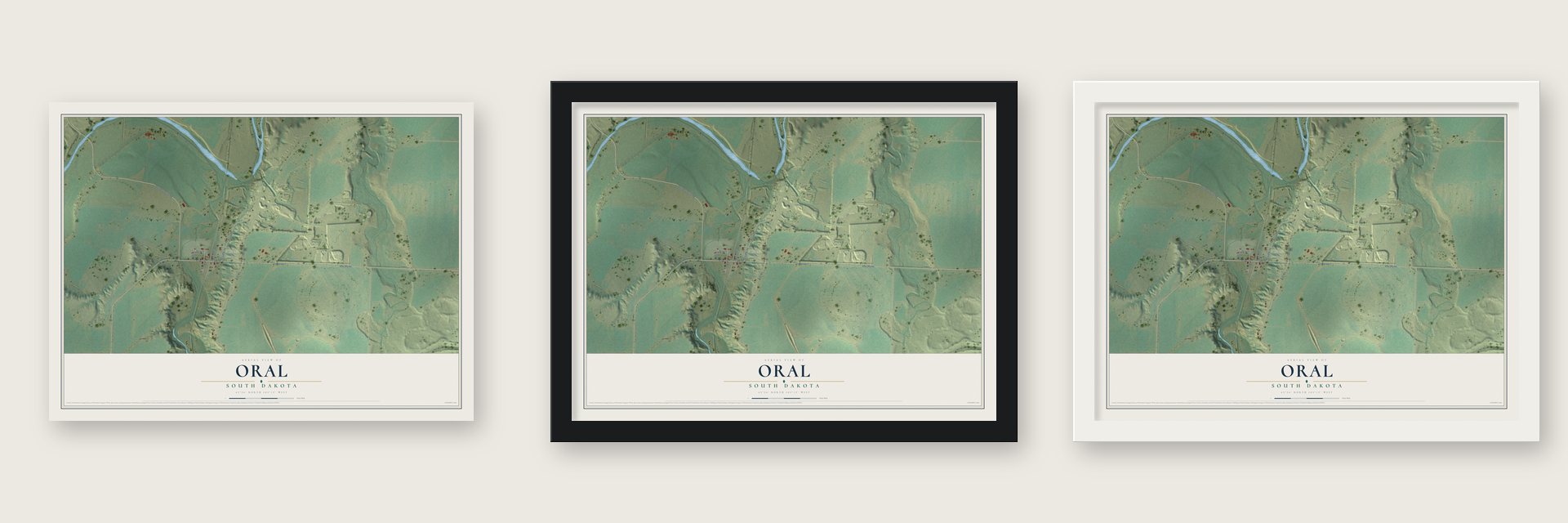 Oral, South Dakota map unframed, in a black wood frame and in a white wood frame