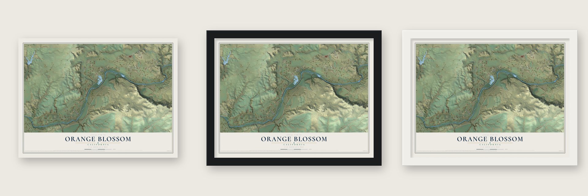 Orange Blossom, California map unframed, in a black wood frame and in a white wood frame