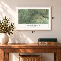 Orange Blossom, California map, 12 x 18 inch print in a white frame in an entryway