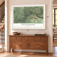 Orange Blossom, California map, 24 x 36 inch print in a white frame above a dresser by a staircase