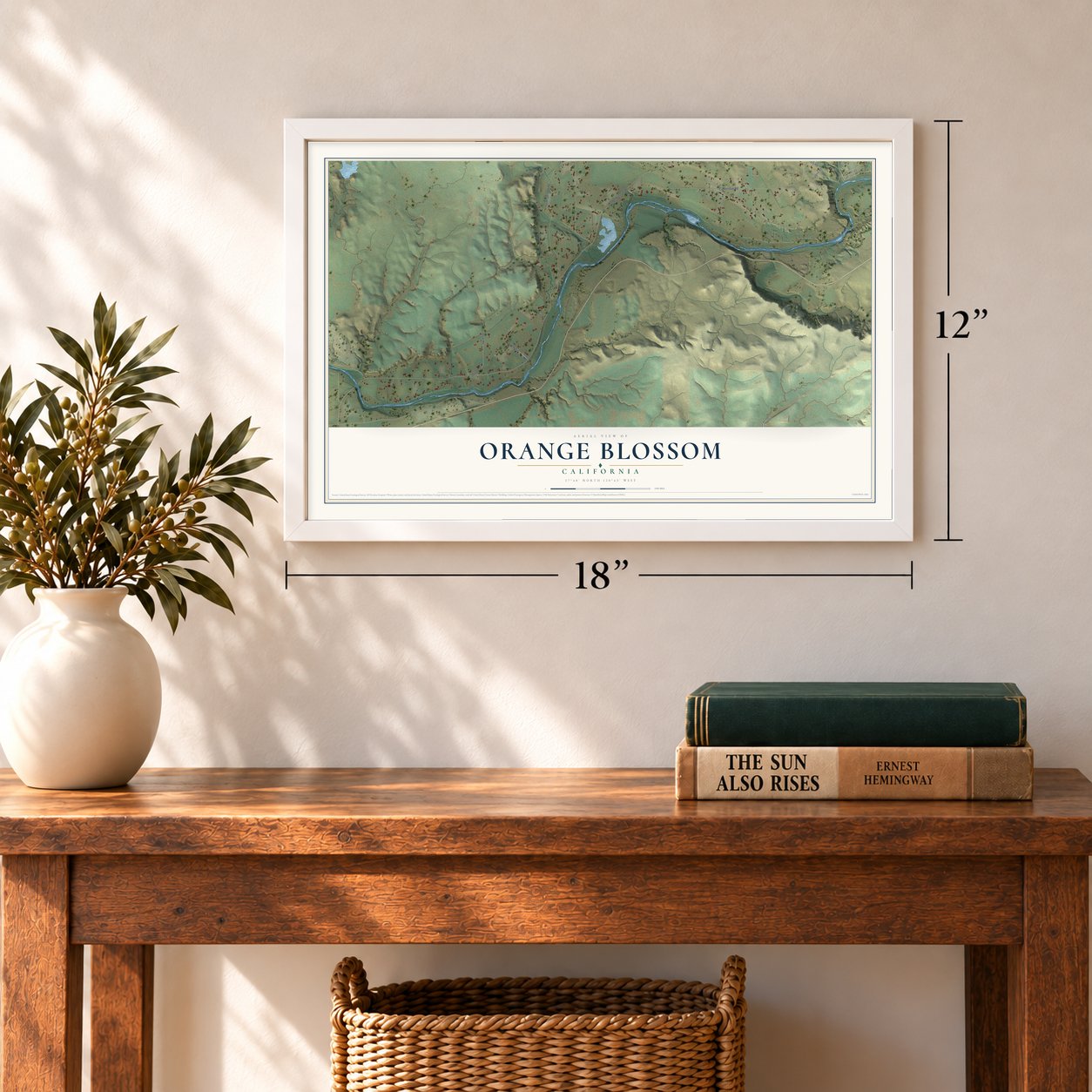 Orange Blossom, California map, 12 x 18 inch print in a white frame in an entryway
