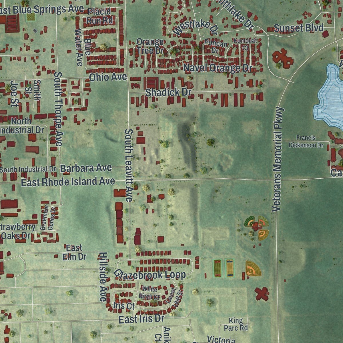 Second close-up of the map of Orange City, Florida print showing more streets and buildings