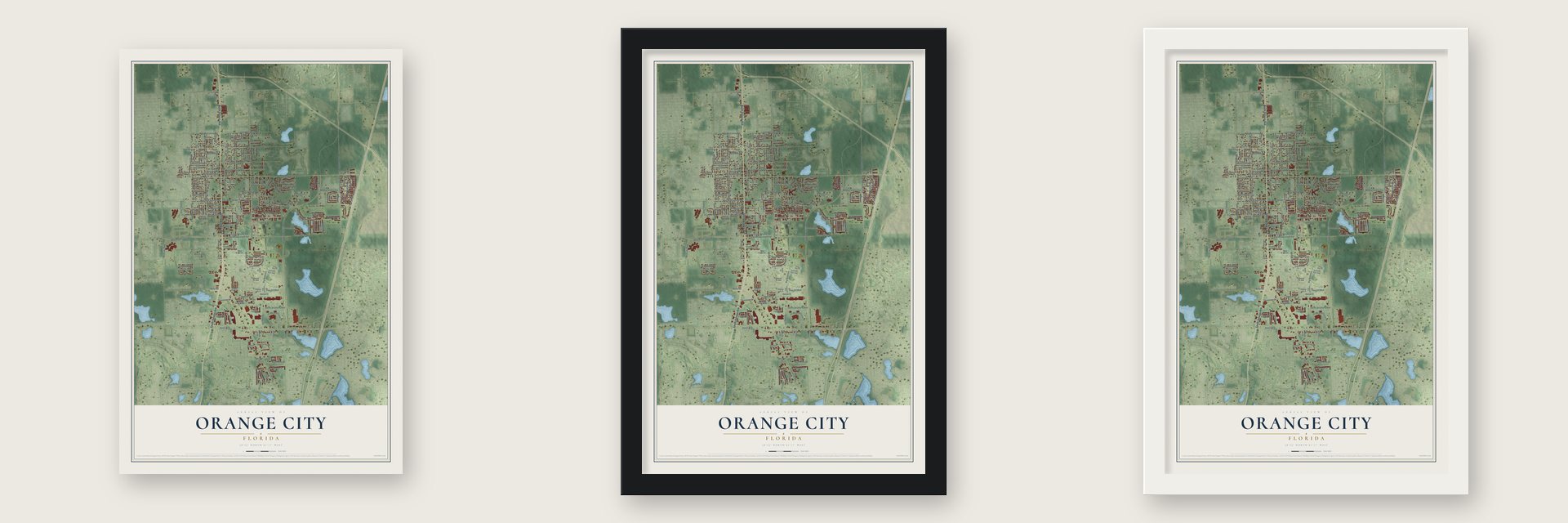 Orange City, Florida map unframed, in a black wood frame and in a white wood frame