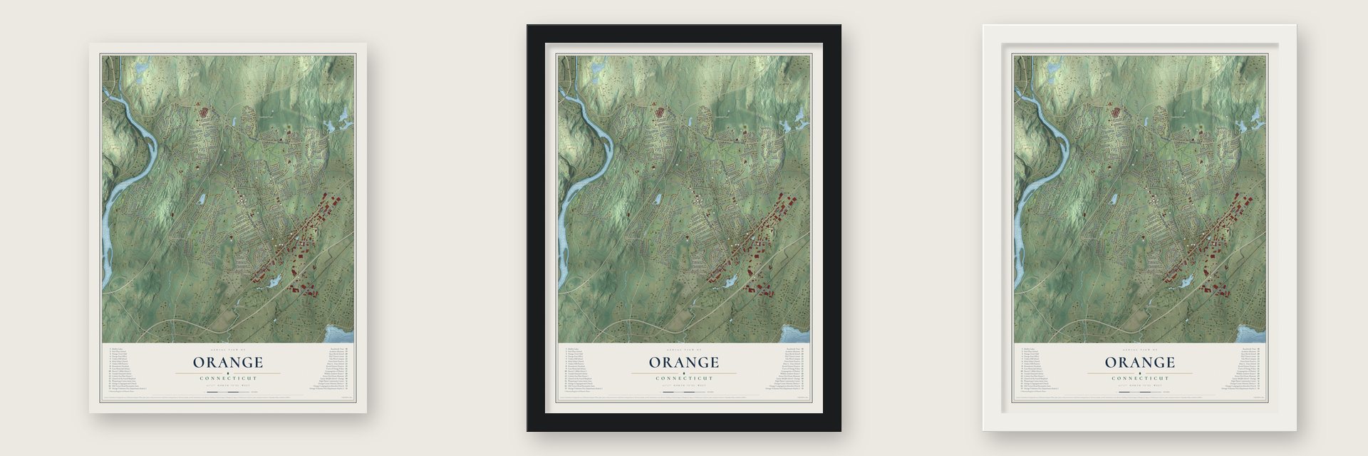 Orange, Connecticut map unframed, in a black wood frame and in a white wood frame