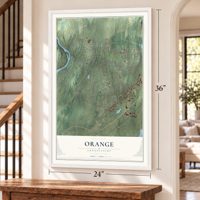 Orange, Connecticut map, 24 x 36 inch print in a white frame by a staircase