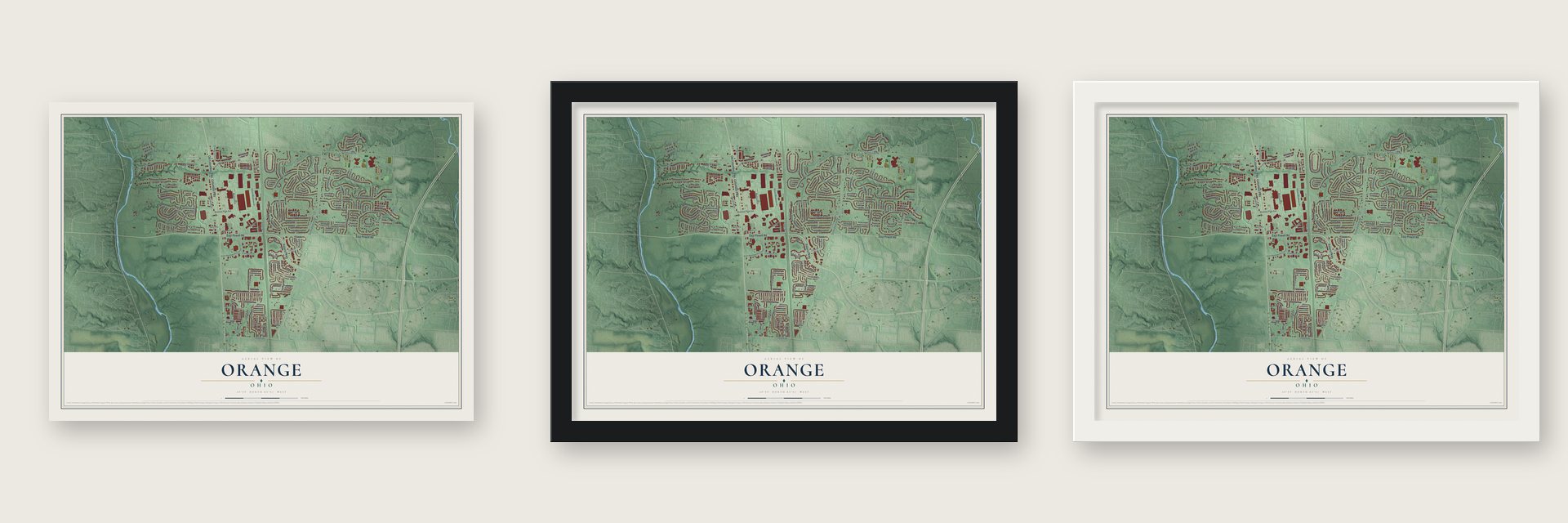 Orange, Delaware County, Ohio map unframed, in a black wood frame and in a white wood frame