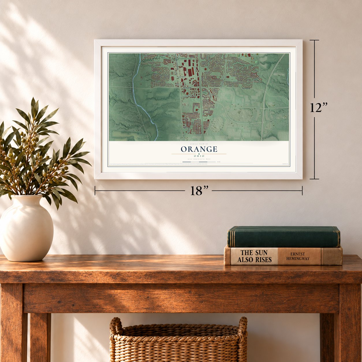 Orange, Delaware County, Ohio map, 12 x 18 inch print in a white frame in an entryway