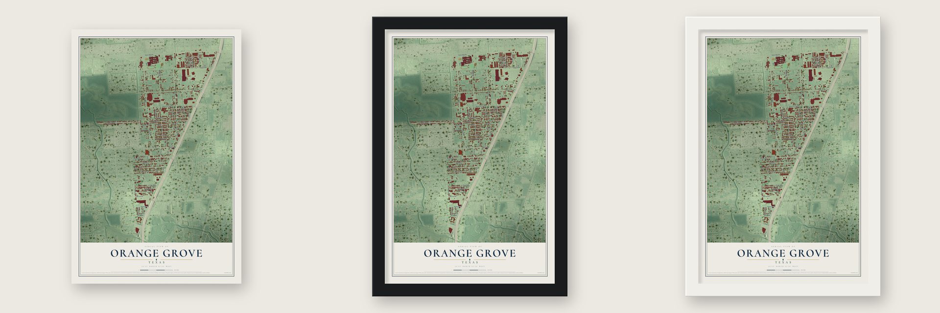 Orange Grove, Harris County, Texas map unframed, in a black wood frame and in a white wood frame