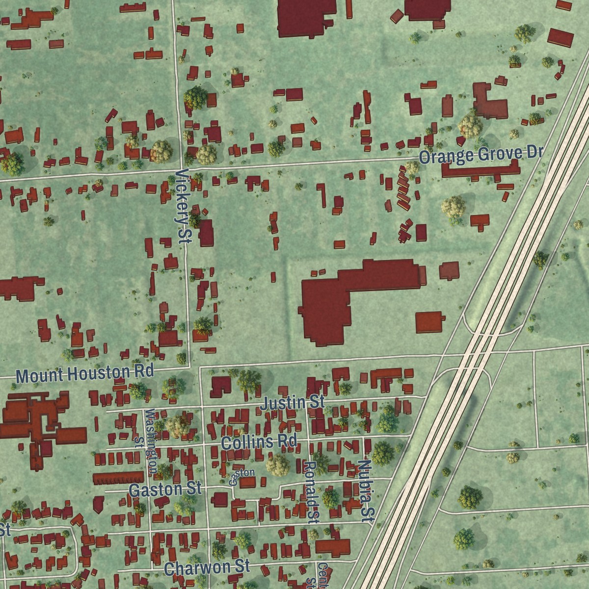 Second close-up of the map of Orange Grove, Harris County, Texas print showing more streets and buildings