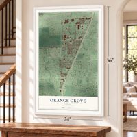 Orange Grove, Harris County, Texas map, 24 x 36 inch print in a white frame by a staircase