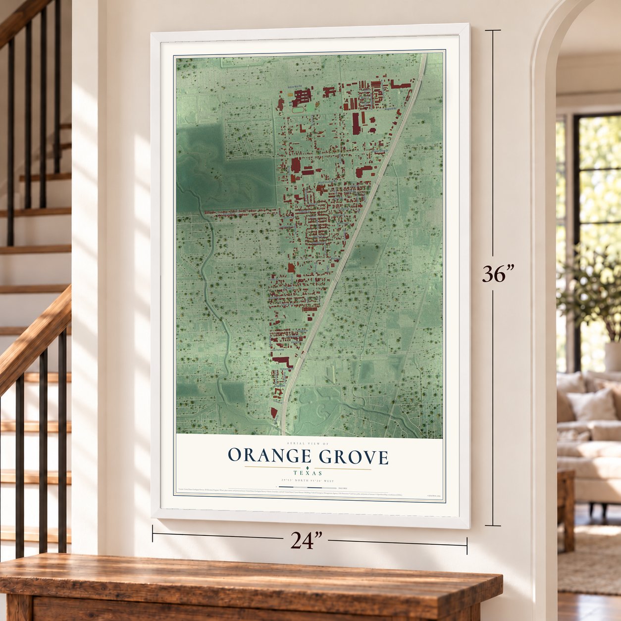 Orange Grove, Harris County, Texas map, 24 x 36 inch print in a white frame by a staircase