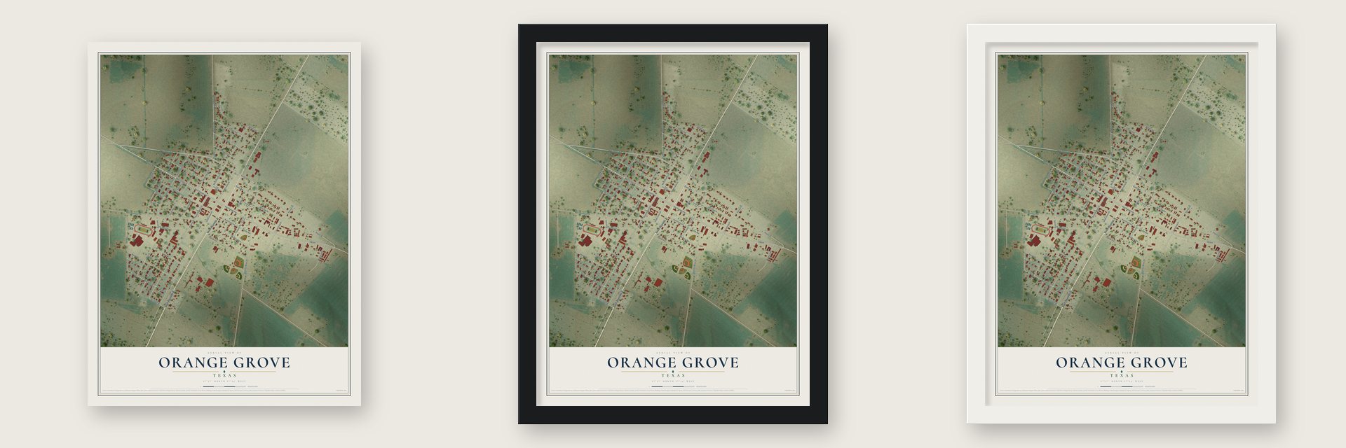 Orange Grove, Texas map unframed, in a black wood frame and in a white wood frame