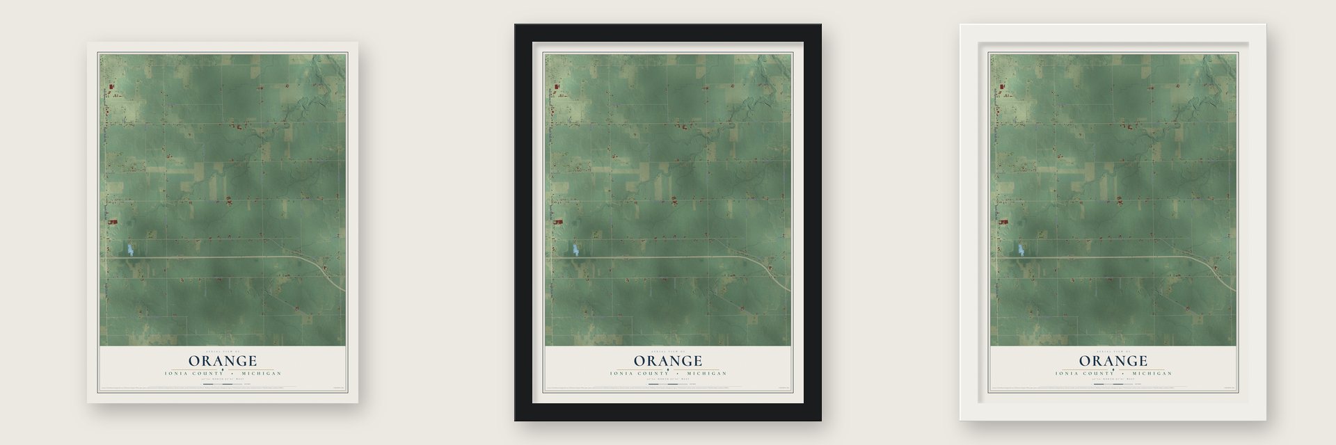 Orange, Ionia County, Michigan map unframed, in a black wood frame and in a white wood frame