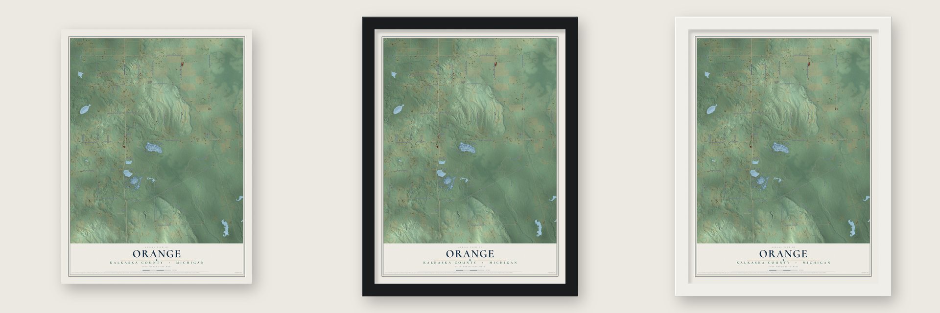 Orange, Kalkaska County, Michigan map unframed, in a black wood frame and in a white wood frame