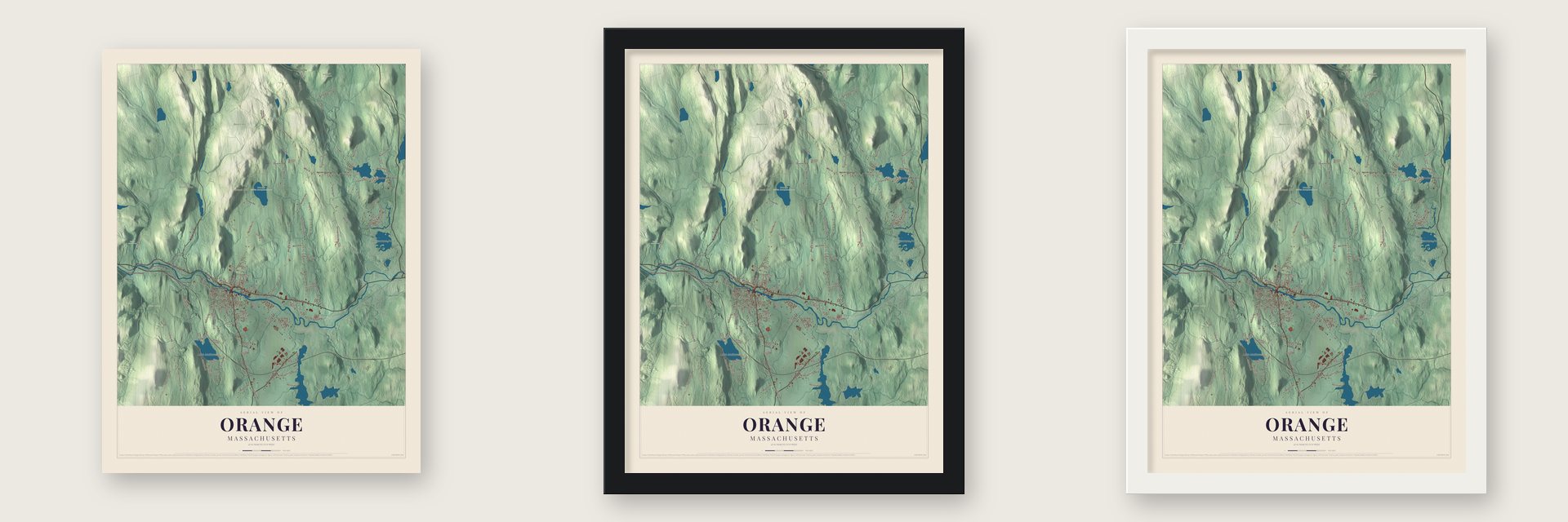 Orange, Massachusetts map unframed, in a black wood frame and in a white wood frame