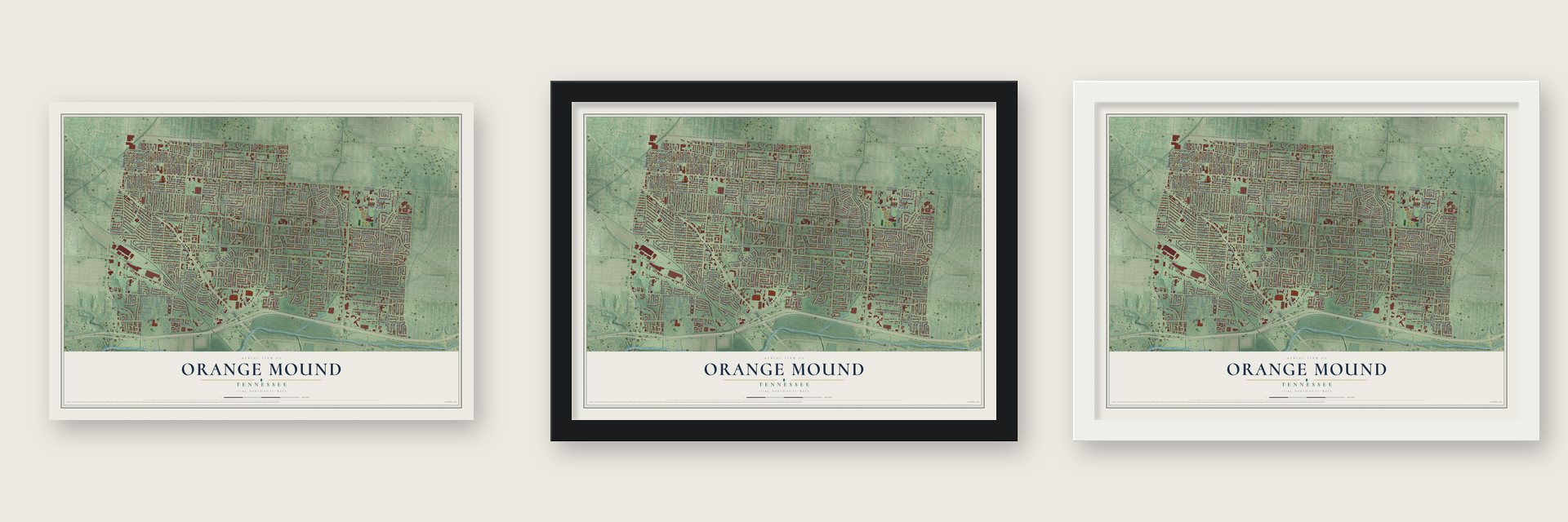 Orange Mound, Tennessee map unframed, in a black wood frame and in a white wood frame