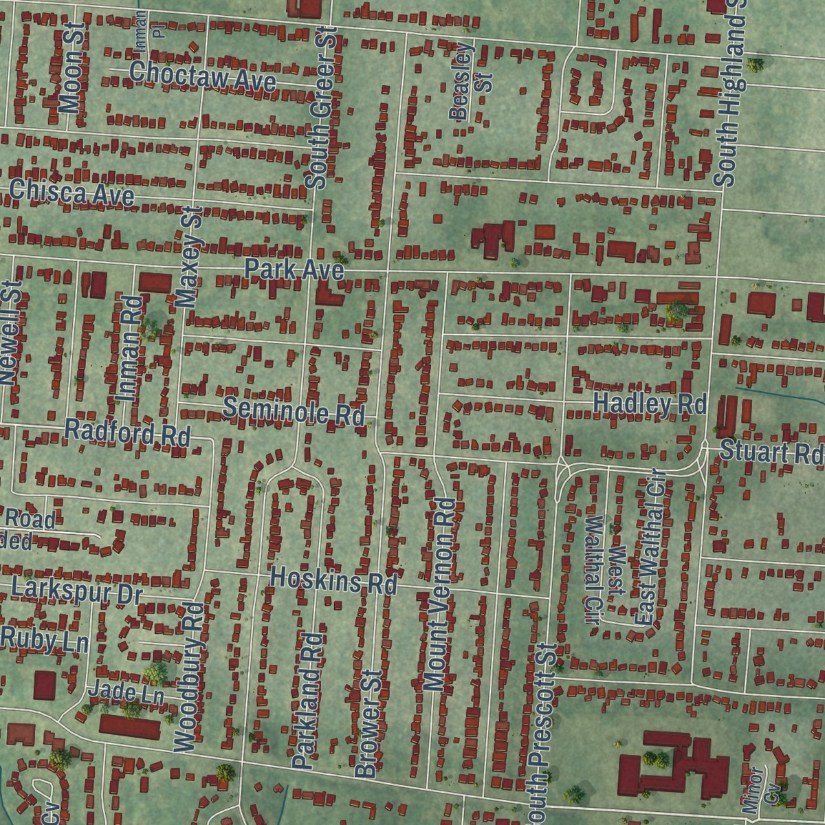 Second close-up of the map of Orange Mound, Tennessee print showing more streets and buildings