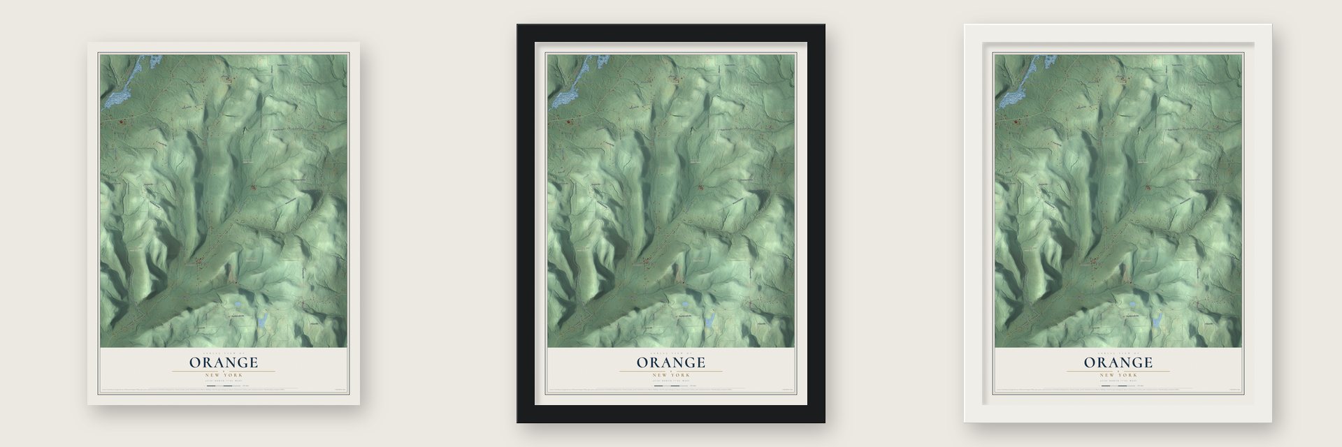 Orange, New York map unframed, in a black wood frame and in a white wood frame
