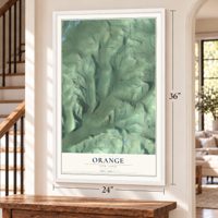 Orange, New York map, 24 x 36 inch print in a white frame by a staircase