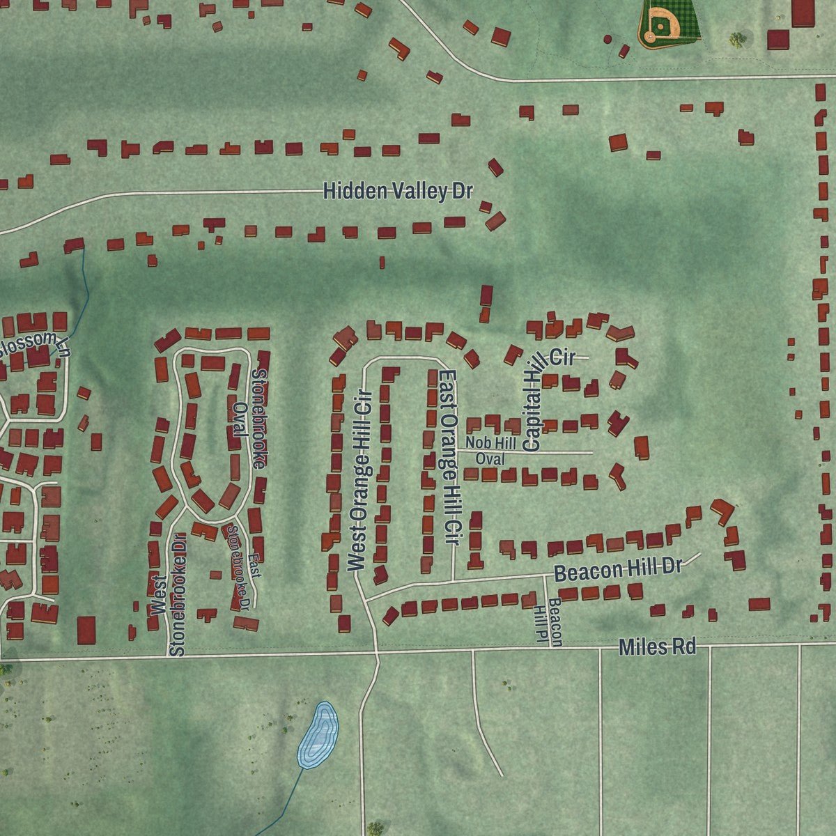 Second close-up of the map of Orange, Ohio print showing more streets and buildings