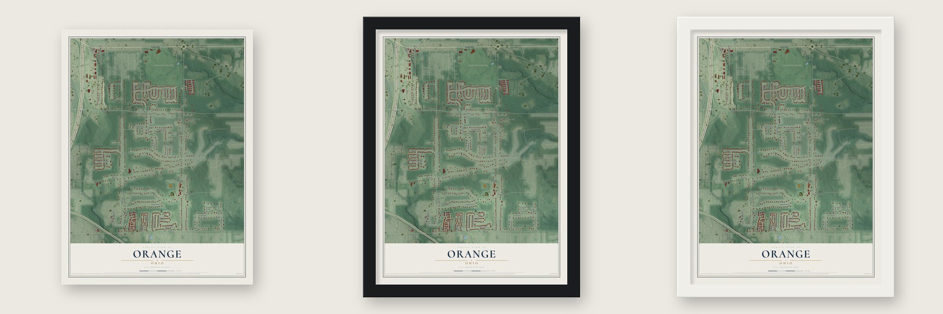 Orange, Ohio map unframed, in a black wood frame and in a white wood frame