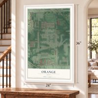 Orange, Ohio map, 24 x 36 inch print in a white frame by a staircase