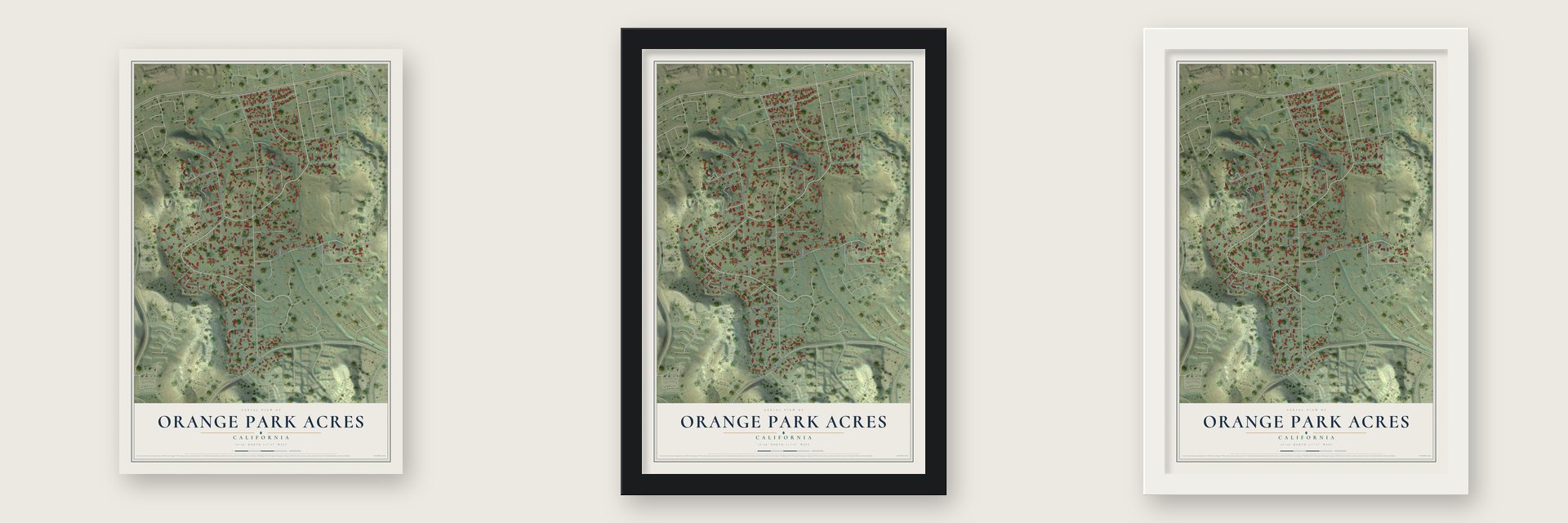 Orange Park Acres, California map unframed, in a black wood frame and in a white wood frame