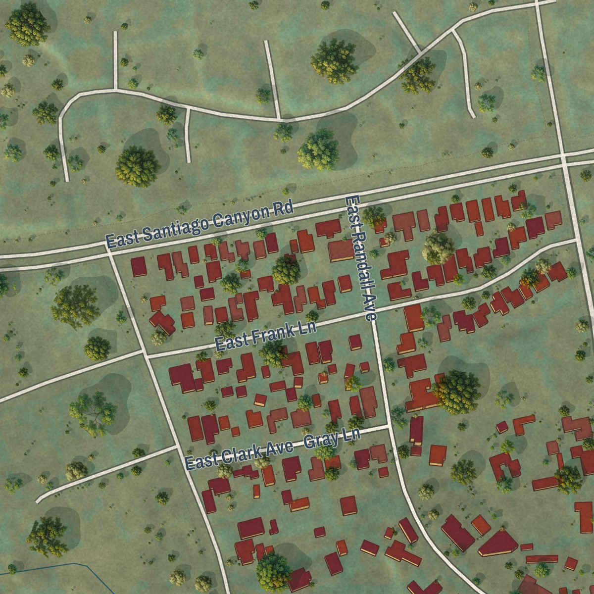 Second close-up of the map of Orange Park Acres, California print showing more streets and buildings