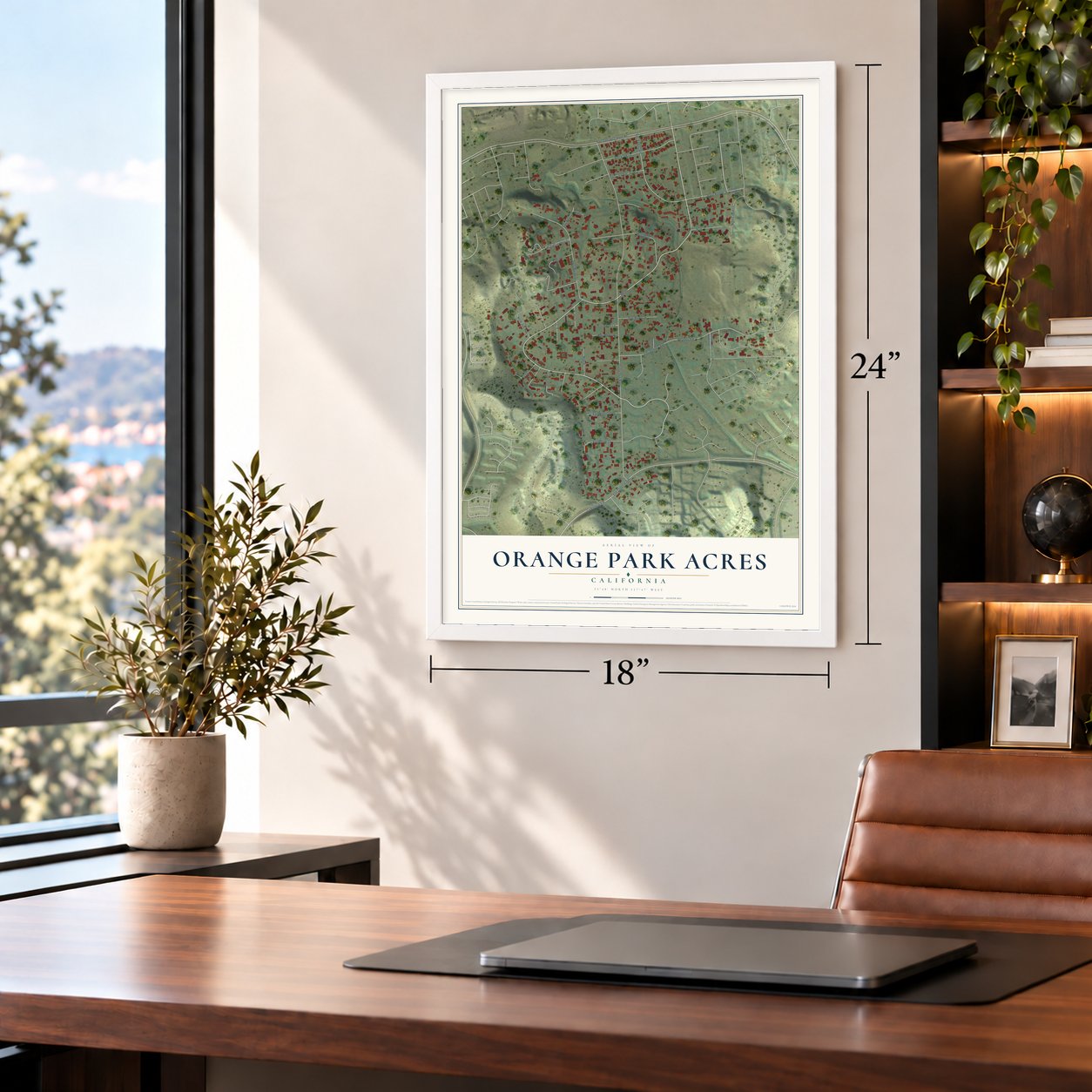 Orange Park Acres, California map, 18 x 24 inch print in a white frame in a home office