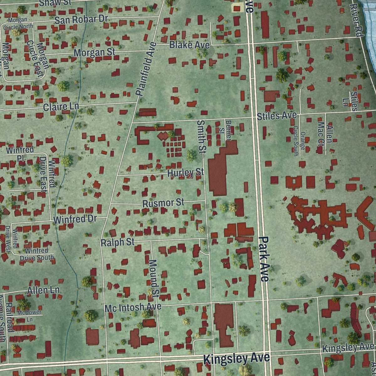 Second close-up of the map of Orange Park, Florida print showing more streets and buildings