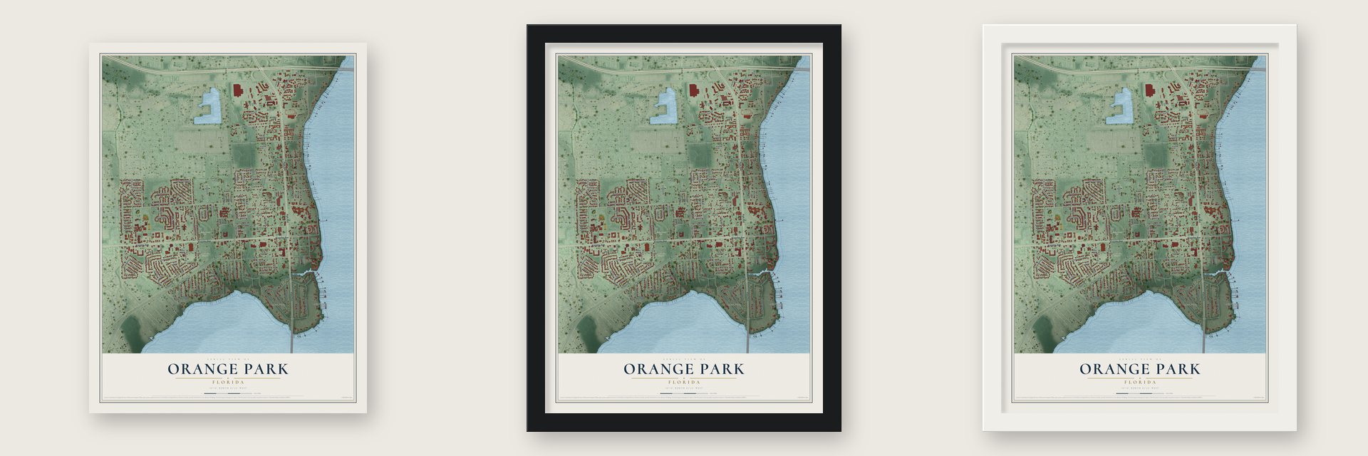 Orange Park, Florida map unframed, in a black wood frame and in a white wood frame