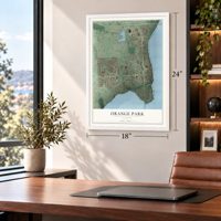 Orange Park, Florida map, 18 x 24 inch print in a white frame in a home office