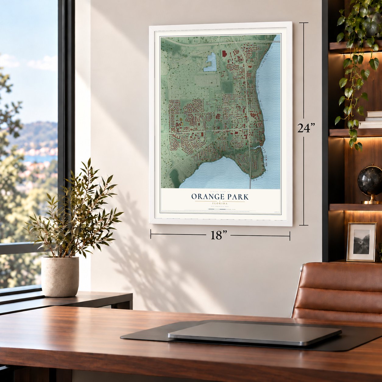 Orange Park, Florida map, 18 x 24 inch print in a white frame in a home office