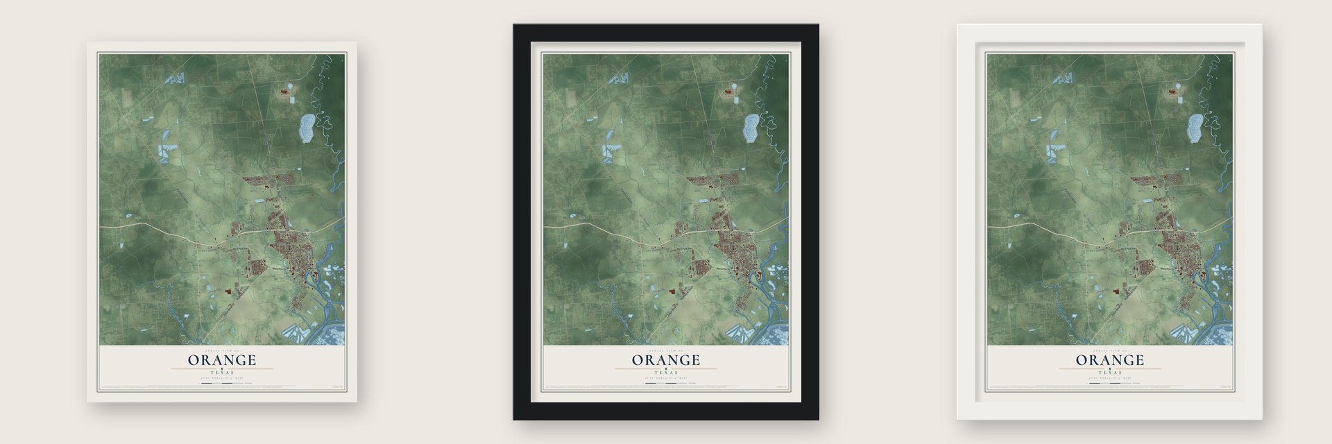 Orange, Texas map unframed, in a black wood frame and in a white wood frame