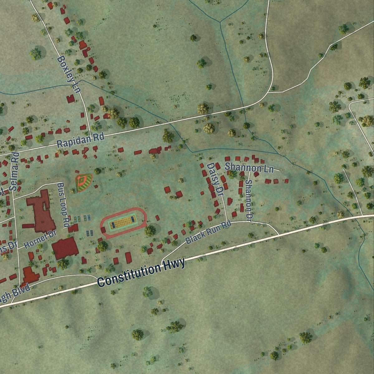 Second close-up of the map of Orange, Virginia print showing more streets and buildings