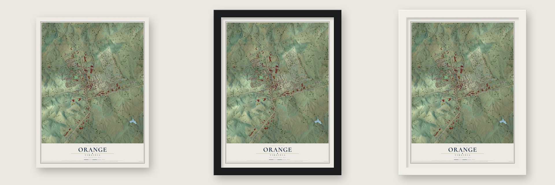Orange, Virginia map unframed, in a black wood frame and in a white wood frame