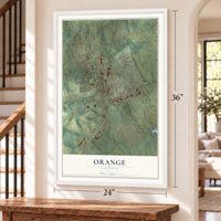 Orange, Virginia map, 24 x 36 inch print in a white frame by a staircase