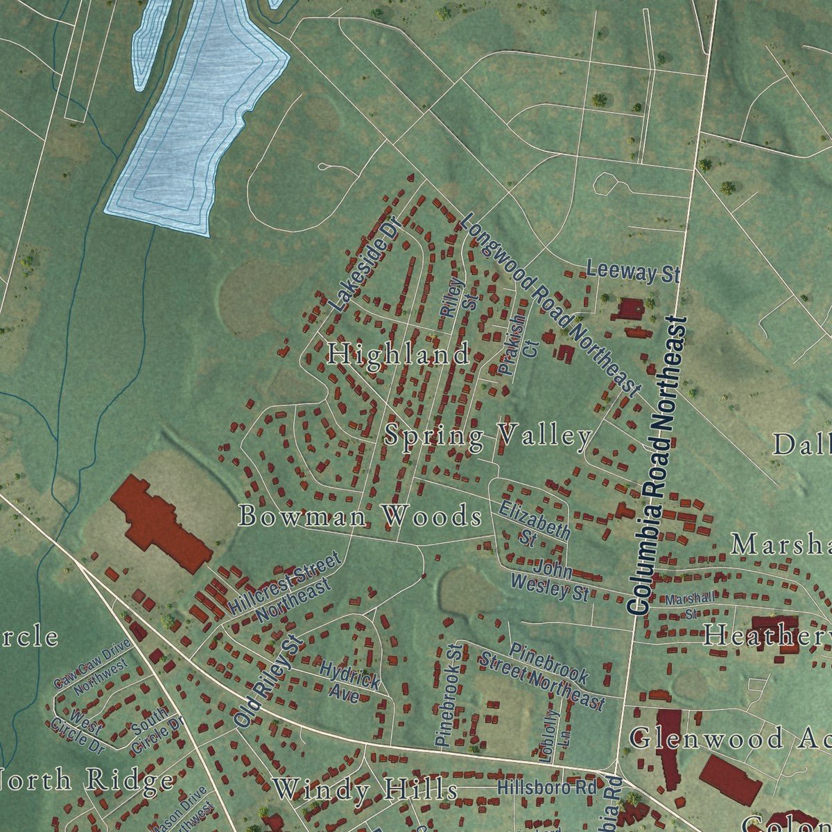 Second close-up of the map of Orangeburg, South Carolina print showing more streets and buildings