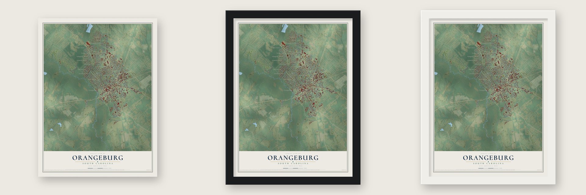 Orangeburg, South Carolina map unframed, in a black wood frame and in a white wood frame