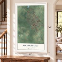 Orangeburg, South Carolina map, 24 x 36 inch print in a white frame by a staircase