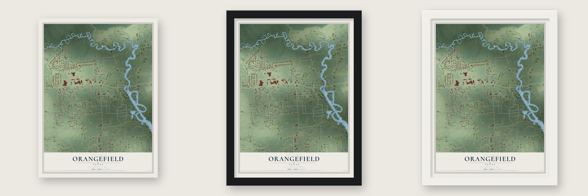 Orangefield, Texas map unframed, in a black wood frame and in a white wood frame