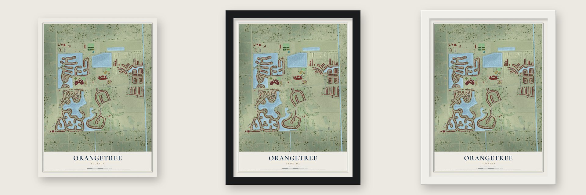 Orangetree, Florida map unframed, in a black wood frame and in a white wood frame