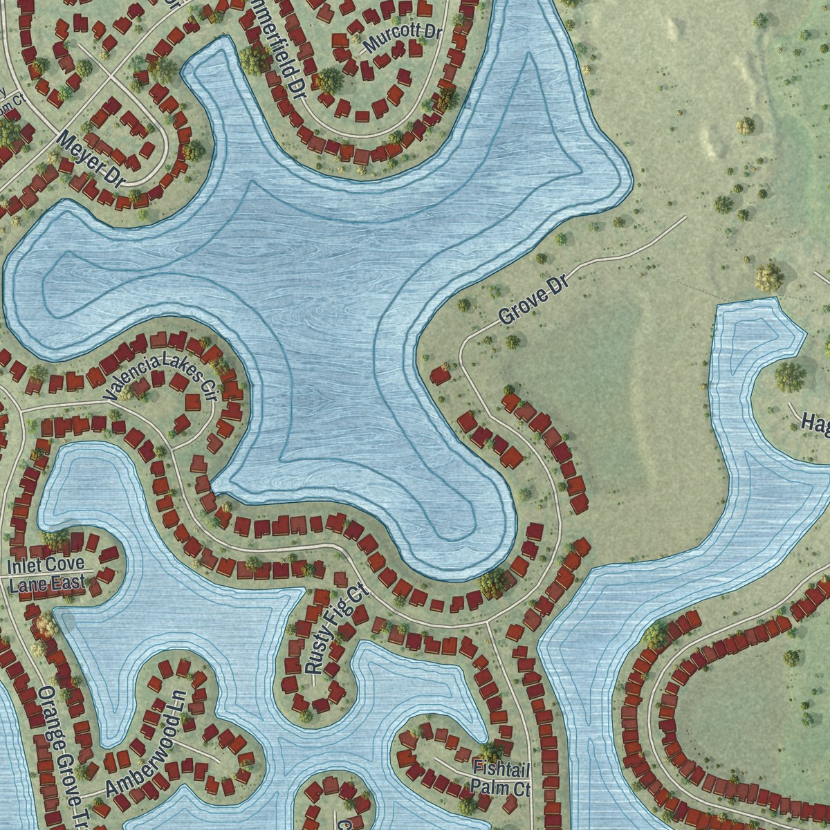 Second close-up of the map of Orangetree, Florida print showing more streets and buildings