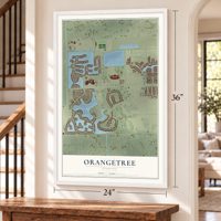 Orangetree, Florida map, 24 x 36 inch print in a white frame by a staircase