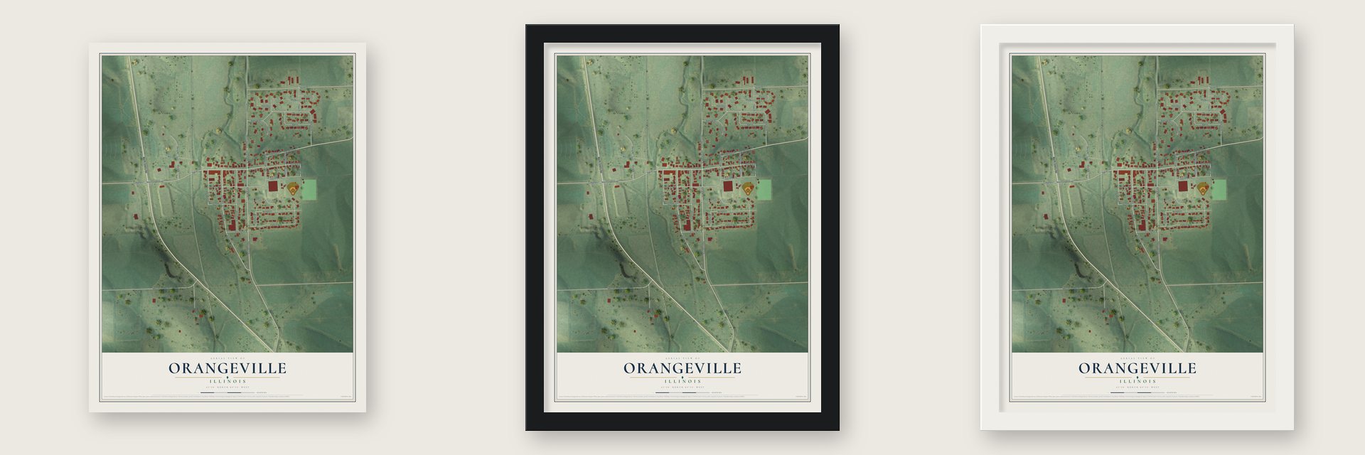 Orangeville, Illinois map unframed, in a black wood frame and in a white wood frame