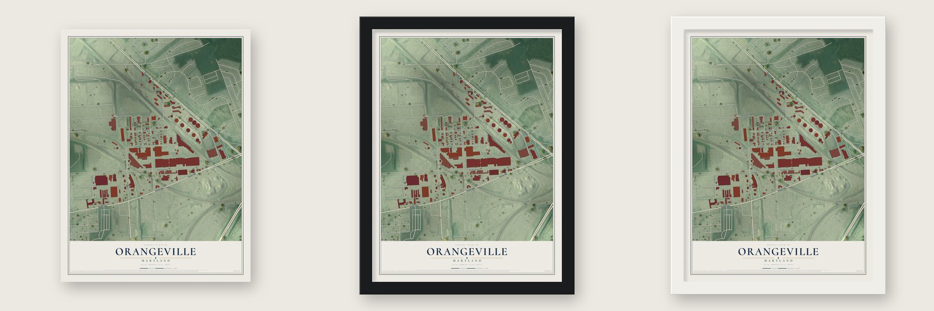 Orangeville, Maryland map unframed, in a black wood frame and in a white wood frame