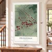 Orangeville, Maryland map, 24 x 36 inch print in a white frame by a staircase