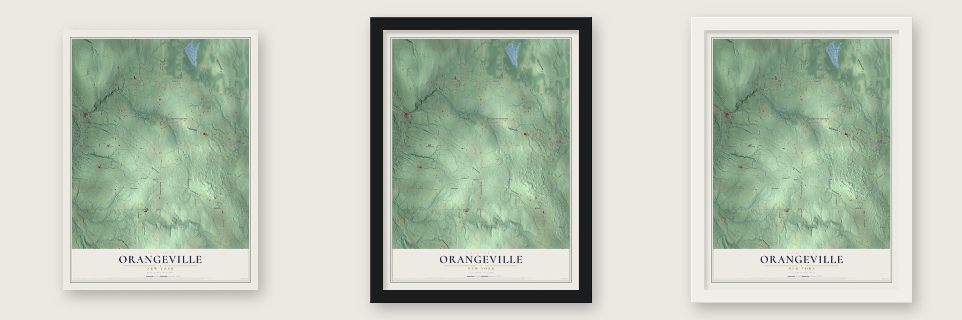 Orangeville, New York map unframed, in a black wood frame and in a white wood frame